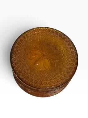 Tiara Amber Trinket Puff Dish With Lid Sandwich Glass Vintage Vanity Jewelry Jar